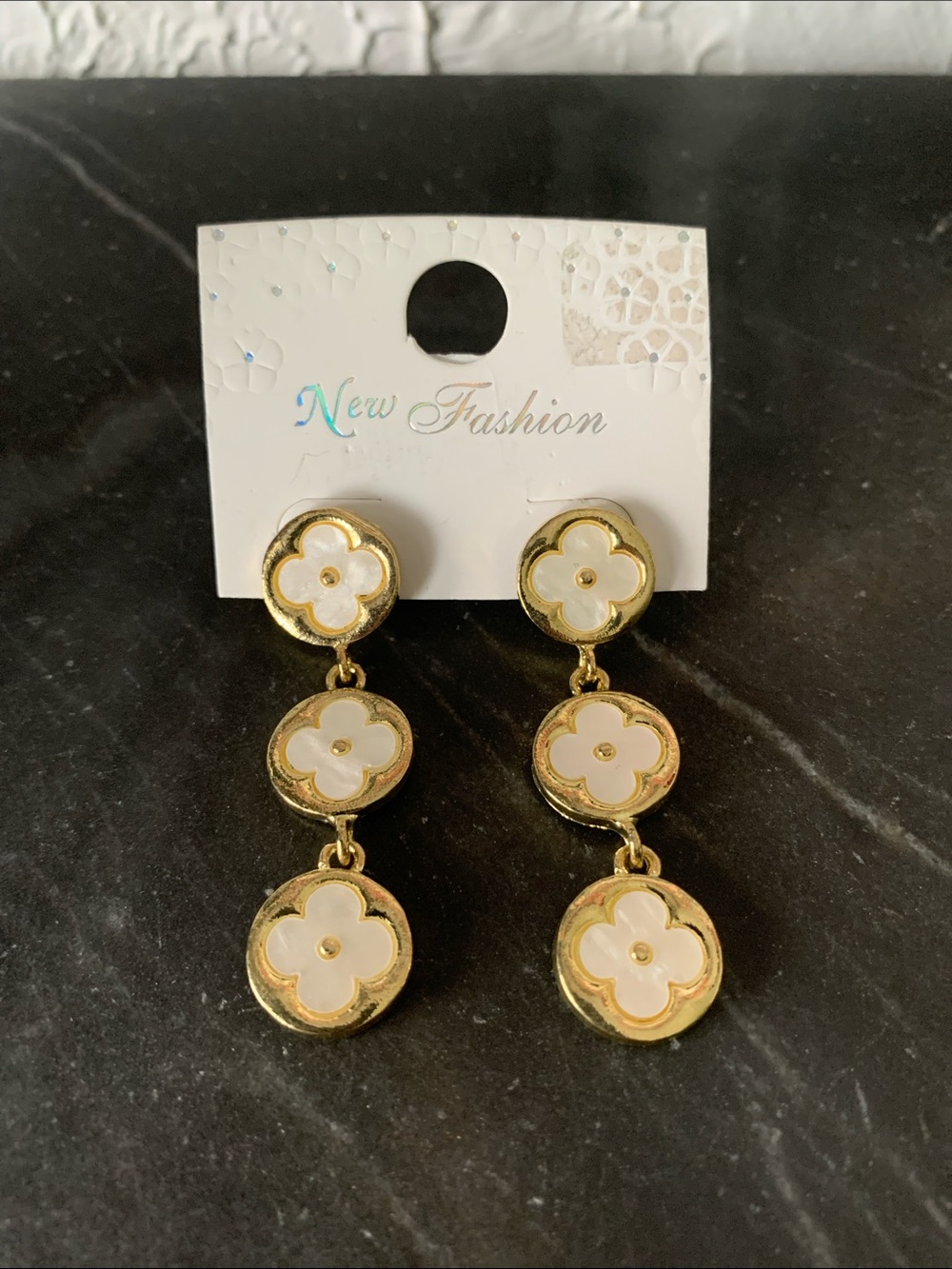 NEW! Gold and White Mother-of-Pearl Clover Drop Earrings
